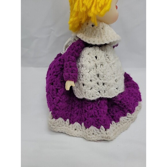 Doll  Handmade Crochet Duster Cover Purple Yarn Soft Face 14" Cottage Core - Picture 10 of 16
